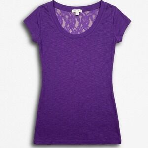 Purple Knit Lace Back Scoop Neck Short Sleeve Top Womens Size XS